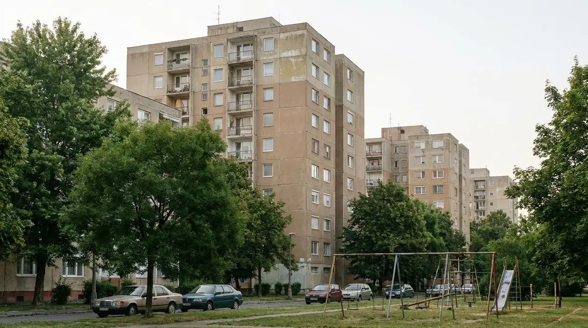 Többemeletes panelházak sora fák között, előttük parkoló autók és játszótér nyári reggelen